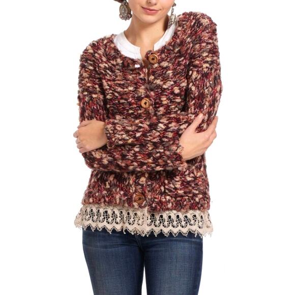 Anthropologie HWR lace trimmed marled Cardigan ladies sweater Size Sm Cozy Wool - Picture 1 of 11